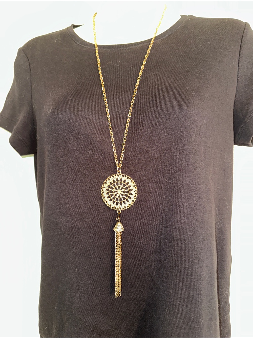 Vintage Gold-Tone Tassel Long Necklace with Filigree Medallion Pendant